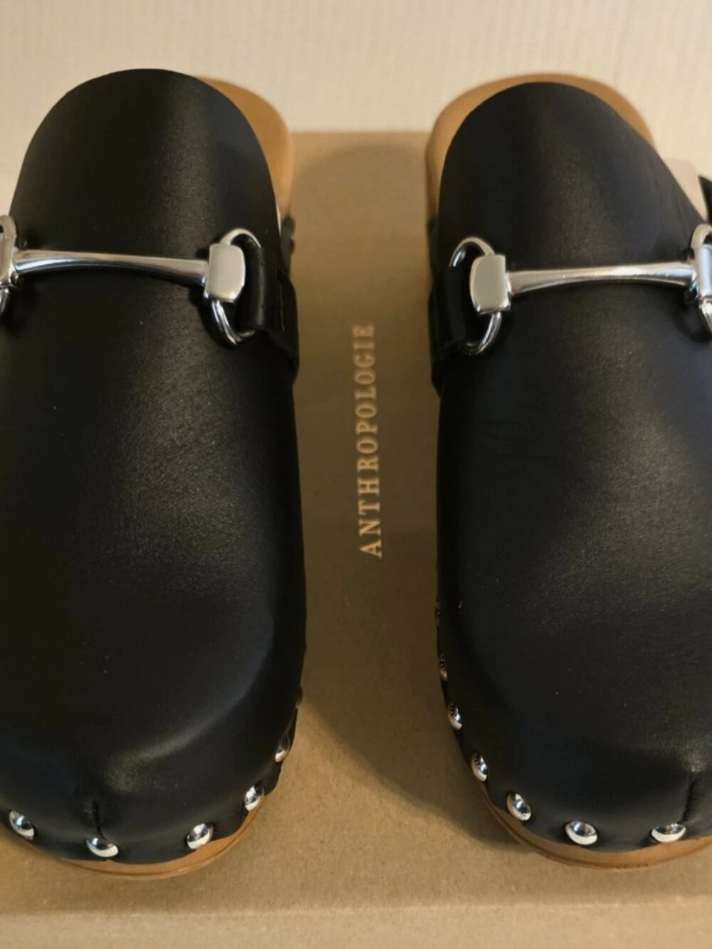 By Anthropologie Studded Horse-Bit Clogs Black Leather Wood Mules NIB Sz 37/6.5